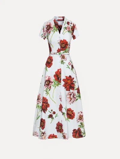 Oscar De La Renta Peony Cotton Poplin Short Sleeve Dress In Multi