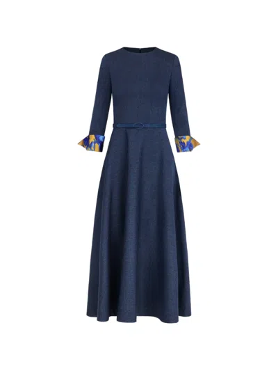 Oscar De La Renta Peony Cuff Wool Midi Dress In Blue