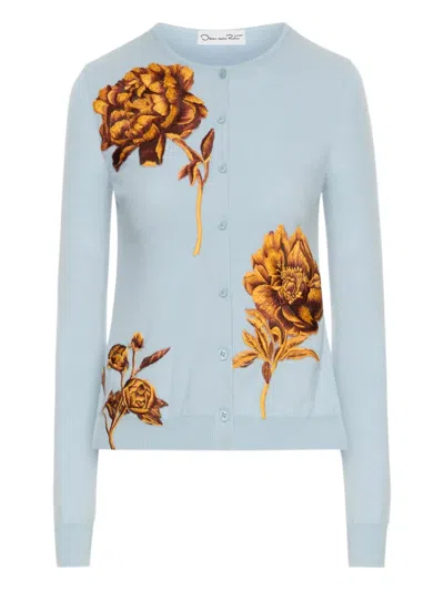 Oscar De La Renta Peony-embroidered Cardigan In Blue