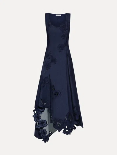 Oscar De La Renta Peony Embroidered Denim Dress In Blue