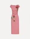 Oscar De La Renta Floral Embroidered Short Sleeve Dress In Pink