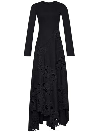 Oscar De La Renta Peony Guipure Applique Dress In Charcoal In Pink