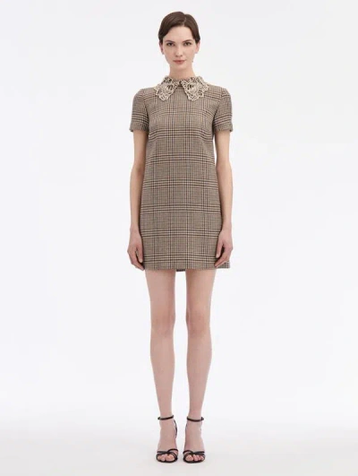 Oscar De La Renta Peony Guipure Collar Plaid Shift Dress In Cocoa Multi