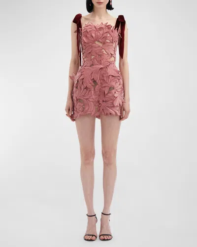 OSCAR DE LA RENTA PEONY GUIPURE EMBROIDERED BOW-STRAP MINI DRESS