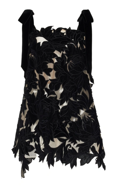 Oscar De La Renta Peony Guipure Embroidered Mini Dress In Black