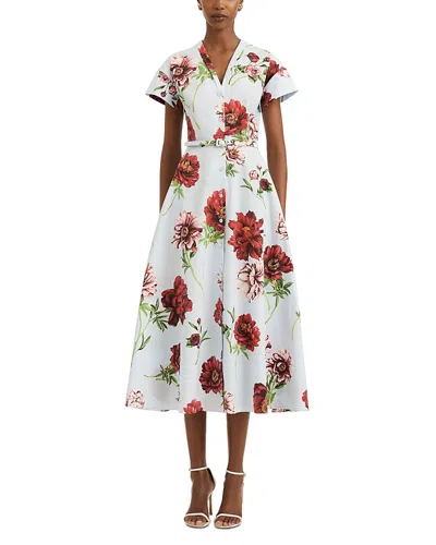 Oscar De La Renta Peony Print Belted Button Front Dress In Multi