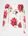 Oscar De La Renta Peony Print Crewneck Twinset Cardigan In Burgundy