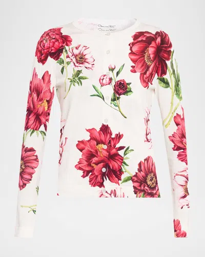 Oscar De La Renta Peony Print Crewneck Twinset Cardigan In Blue