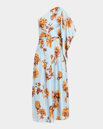 Oscar De La Renta Peony-print Draped One-shoulder Midi Dress With Belt