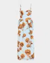 Oscar De La Renta Tonal Peony Print Faille Bustier Gown