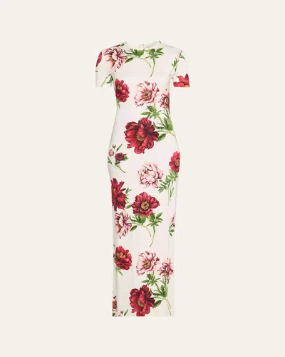 Oscar De La Renta Peony-print Jersey Short-sleeve Maxi T-shirt Dress In Multi
