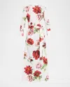 Oscar De La Renta Peony-print Three-quarter Sleeves Maxi Dress In Multi