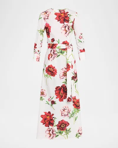 Oscar De La Renta Peony-print Poplin 3/4-sleeve Midi Day Dress In Multi