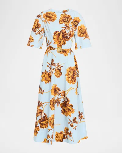 Oscar De La Renta Tonal Peony Print Stretch Poplin Belted Dress In Blue