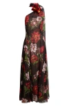 Oscar De La Renta Peony Print Silk Chiffon Halter Gown In Brown