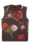 Oscar De La Renta Peony Print Sleeveless Silk Blend Top In Brown