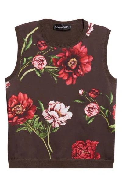 Oscar De La Renta Peony Print Sleeveless Silk Blend Top In Brown