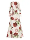 Oscar De La Renta Peony-print Three-quarter Sleeves Maxi Dress In White