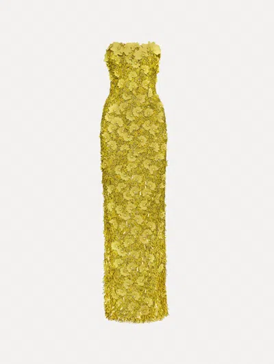 Oscar De La Renta Peony Sequin And Raffia Embroidered Gown In Yellow