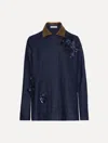 Oscar De La Renta Sequin-embellished Leather-collar Denim Jacket In Blue