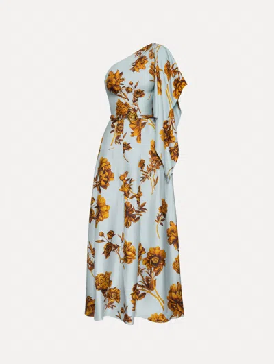 Oscar De La Renta One-shoulder Belted Draped Floral-print Silk-twill Midi Dress In Blue