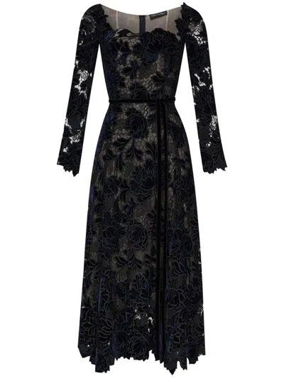 Oscar De La Renta Peony Velvet Guipure Midi Dress In Navy