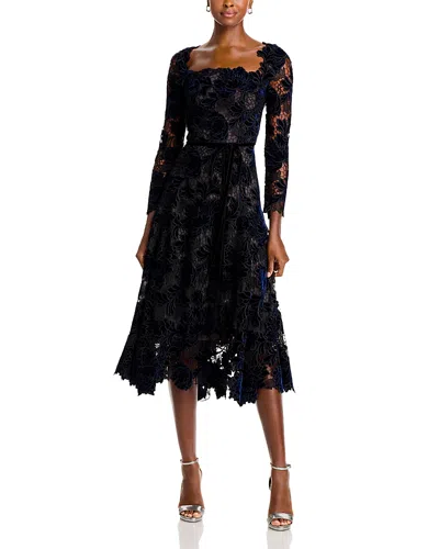 Oscar De La Renta Peony Velvet Guipure Midi Dress In Navy