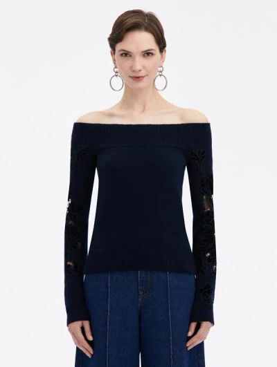 Oscar De La Renta Peony Velvet Guipure Pullover In Navy