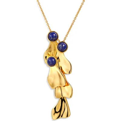 Oscar De La Renta Petal Cabochon Long Pendant Necklace In Lapis/gold