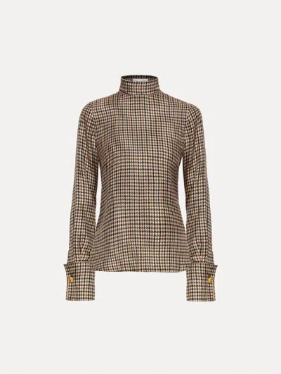 Oscar De La Renta Pied De Poule Silk Twill Blouse In Brown