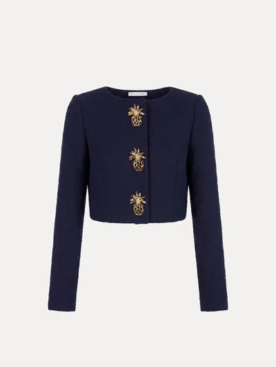 Oscar De La Renta Pineapple Button Slub Wool Tweed Jacket In Black