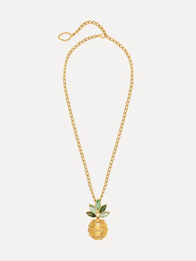 Oscar De La Renta Pineapple Crystal Leaf Pendant Necklace In Gold