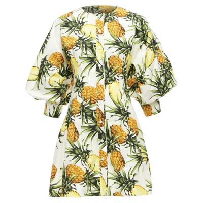 Oscar De La Renta Pineapple Print Puff Sleeve Dress In Yellow