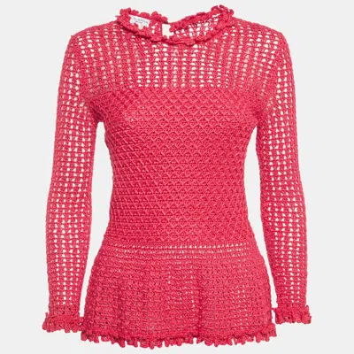 Pre-owned Oscar De La Renta Pink Crochet Sheer Top S