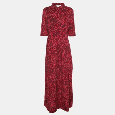 Oscar De La Renta Pink Floral Printed Stretch Cotton Collared Maxi Dress In Burgundy