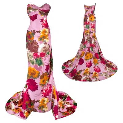 Pre-owned Oscar De La Renta Pink Garden Party Floral Evening Gown S/s 2008 Size 8