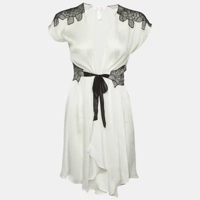 Pre-owned Oscar De La Renta Pink Label White Chiffon Lace Trim Robe S