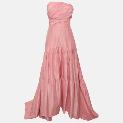 Pre-owned Oscar De La Renta Pink Pleated Ruffled Strapless Gown L