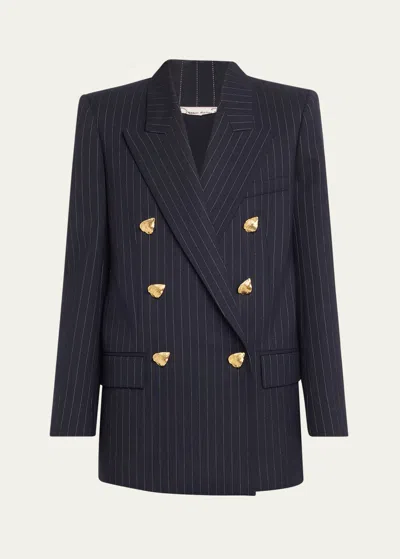 Oscar De La Renta Pinstripe Tailoring Jacket With Gold-tone Buttons In Navywhite