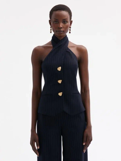 Oscar De La Renta Pinstriped Halter Blouse In Navy/white