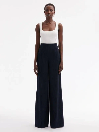 Oscar De La Renta Pinstriped Wide Leg Pant In Navy/white