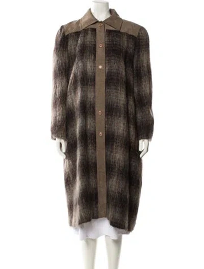 Pre-owned Oscar De La Renta Plaid Print Coat In Brown