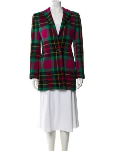 Pre-owned Oscar De La Renta Plaid Print Coat In Green