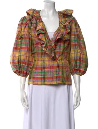 Pre-owned Oscar De La Renta Plaid Print V-neck Blouse In Multi