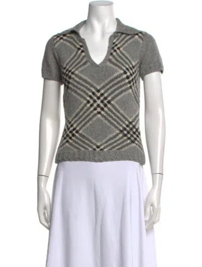 Pre-owned Oscar De La Renta Plaid Print V-neck Sweater In Grey