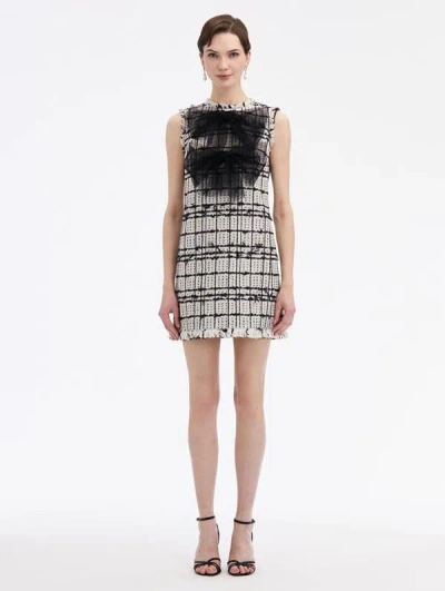 Oscar De La Renta Plaid Ribbon Tweed Shift Dress In Cream/black