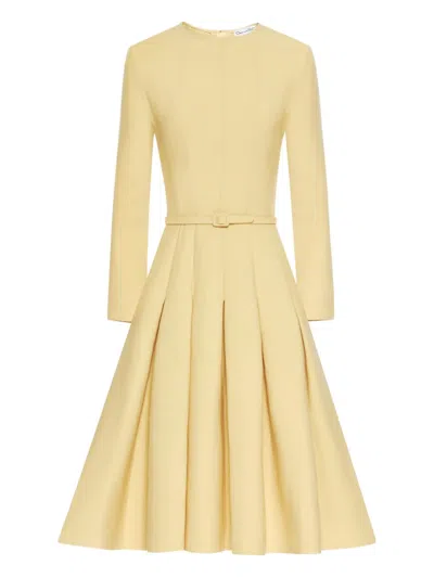 Oscar De La Renta Pleated Belted Dress In Nude