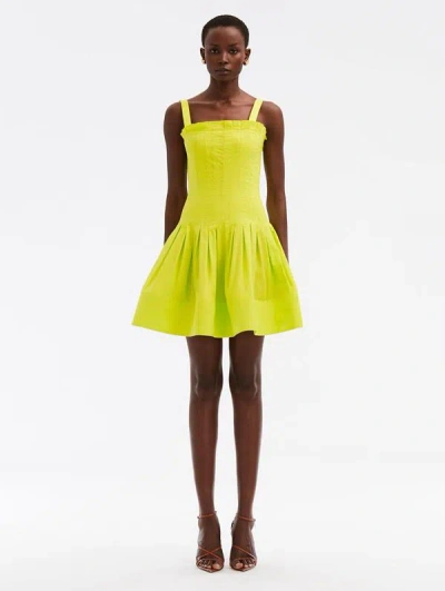 Oscar De La Renta Square-neck Pleated Poplin Sleeveless Mini Dress In Yellow