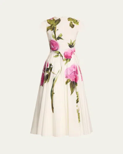 Oscar De La Renta Pleated Painted Roses Poplin Midi Dress In Pinkwhite