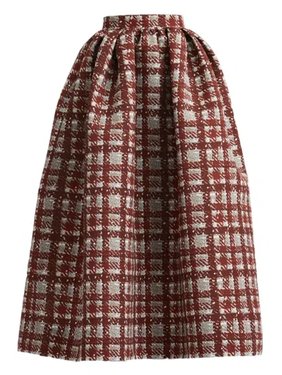 Oscar De La Renta Pleated Plaid Midi Skirt In Neutral